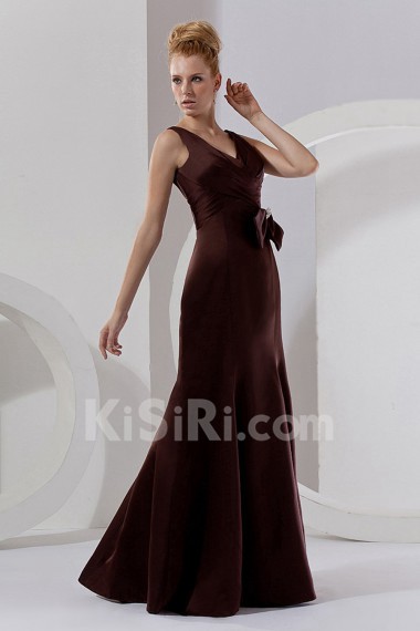 Satin V-Neckline Floor Length Sheath Dress with Ruffle and Flowers