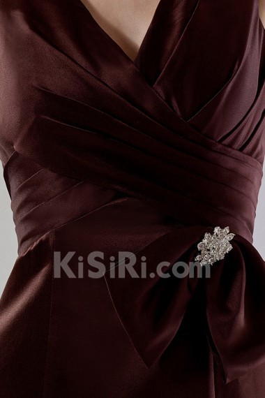 Satin V-Neckline Floor Length Sheath Dress with Ruffle and Flowers