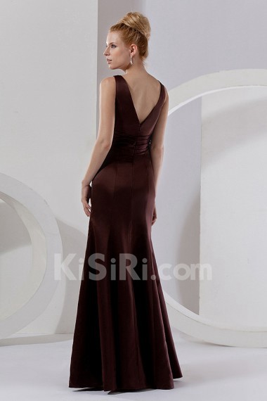 Satin V-Neckline Floor Length Sheath Dress with Ruffle and Flowers