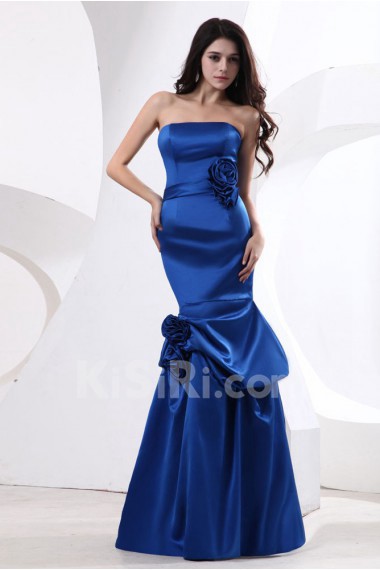 Satin Strapless Floor Length Sheath Dress with Drape and Handmade Flower