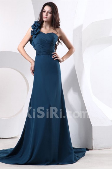 Satin and Tulle One-Shoulder A-line Dress with Manual Flowers