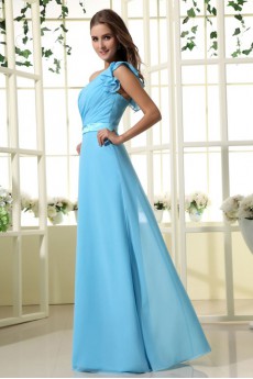 Chiffon Satin One-Shoulder Floor Length Empire Dress with Pleat