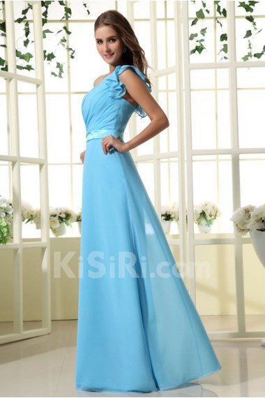 Chiffon Satin One-Shoulder Floor Length Empire Dress with Pleat