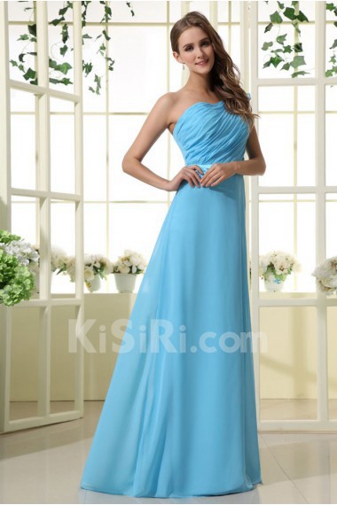 Chiffon Satin One-Shoulder Floor Length Empire Dress with Pleat