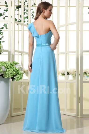 Chiffon Satin One-Shoulder Floor Length Empire Dress with Pleat