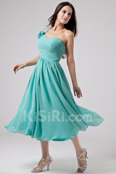 Chiffon One-Shoulder Tea-Length Empire Dress with Ruffle