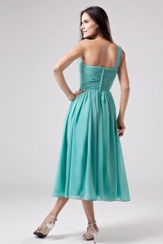 Chiffon One-Shoulder Tea-Length Empire Dress with Ruffle