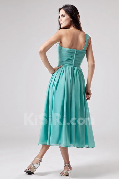 Chiffon One-Shoulder Tea-Length Empire Dress with Ruffle