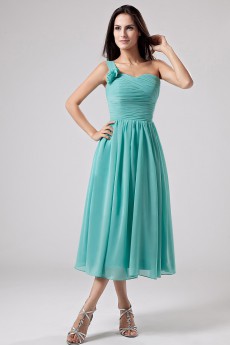 Chiffon One-Shoulder Tea-Length Empire Dress with Ruffle