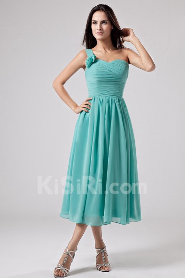 Chiffon One-Shoulder Tea-Length Empire Dress with Ruffle