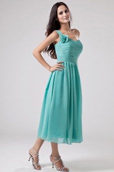 Chiffon One-Shoulder Tea-Length Empire Dress with Ruffle