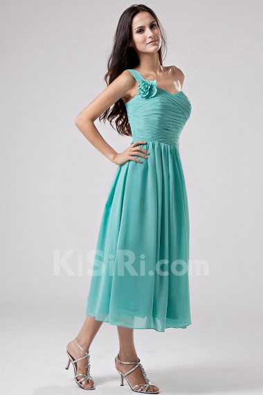 Chiffon One-Shoulder Tea-Length Empire Dress with Ruffle