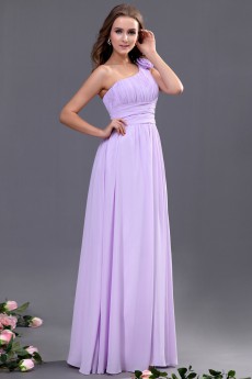 Chiffon One-Shoulder Floor Length A-line Dress with Hand-made Flower