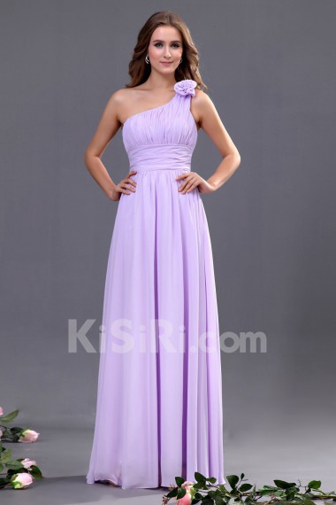 Chiffon One-Shoulder Floor Length A-line Dress with Hand-made Flower