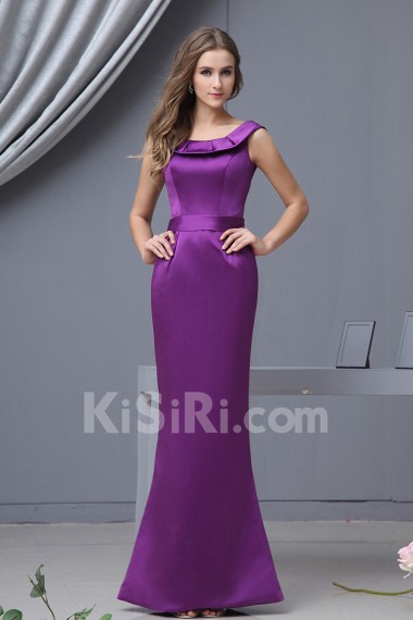 Satin Round Neckline Floor Length Sheath Dress with Ruffle