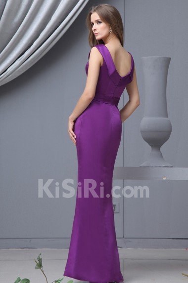 Satin Round Neckline Floor Length Sheath Dress with Ruffle