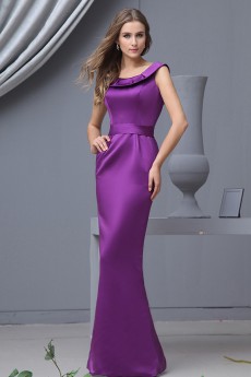 Satin Round Neckline Floor Length Sheath Dress with Ruffle