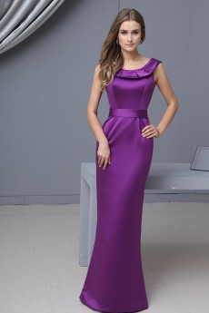 Satin Round Neckline Floor Length Sheath Dress with Ruffle