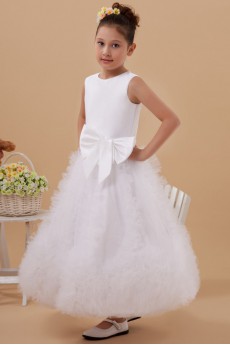 Satin and Tulle Jewel Neckline Ankle-Length A-line Dress with Bow