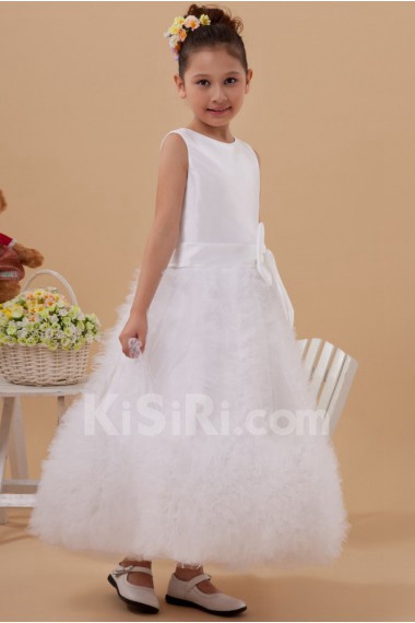 Satin and Tulle Jewel Neckline Ankle-Length A-line Dress with Bow