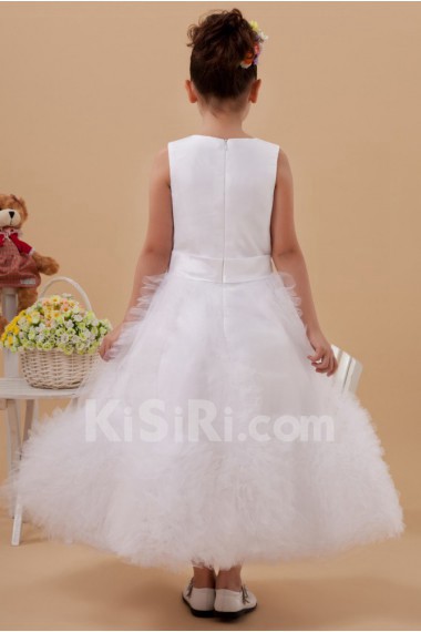 Satin and Tulle Jewel Neckline Ankle-Length A-line Dress with Bow