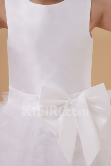 Satin and Tulle Jewel Neckline Ankle-Length A-line Dress with Bow