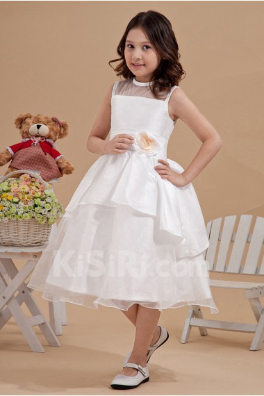 Satin and Organza Jewel Neckline Tea-Length A-line Dress