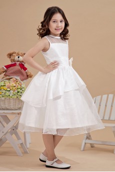 Satin and Organza Jewel Neckline Tea-Length A-line Dress