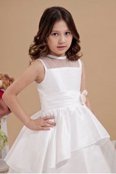 Satin and Organza Jewel Neckline Tea-Length A-line Dress