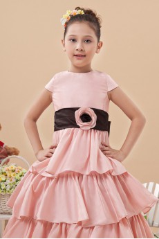 Satin Jewel Neckline Short Princess Dress with Hand-made Flower and Cap-Sleeves