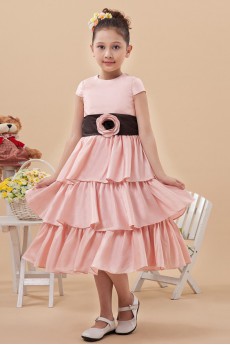 Satin Jewel Neckline Short Princess Dress with Hand-made Flower and Cap-Sleeves