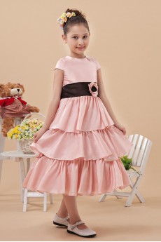 Satin Jewel Neckline Short Princess Dress with Hand-made Flower and Cap-Sleeves