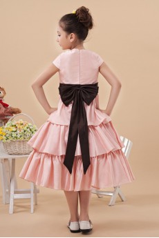 Satin Jewel Neckline Short Princess Dress with Hand-made Flower and Cap-Sleeves