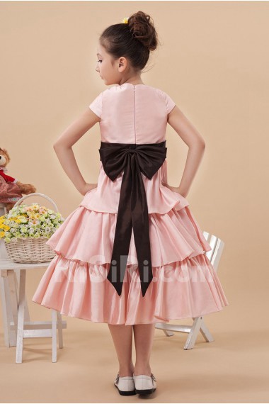 Satin Jewel Neckline Short Princess Dress with Hand-made Flower and Cap-Sleeves