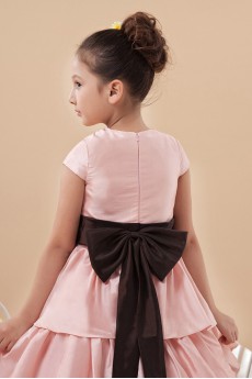 Satin Jewel Neckline Short Princess Dress with Hand-made Flower and Cap-Sleeves