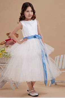 Yarn and Satin Bateau Neckline Tea-Length A-line Dress with Beaded