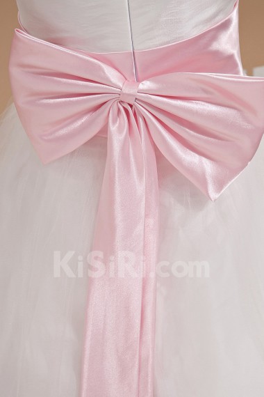 Organza and Satin Bateau Neckline Tea-Length A-line Dress with Bow