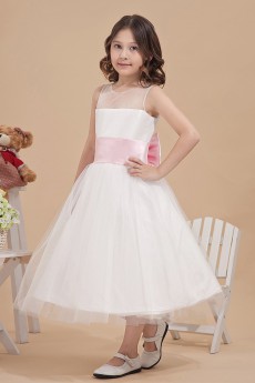 Organza and Satin Bateau Neckline Tea-Length A-line Dress with Bow