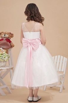 Organza and Satin Bateau Neckline Tea-Length A-line Dress with Bow