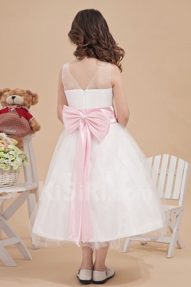 Organza and Satin Bateau Neckline Tea-Length A-line Dress with Bow