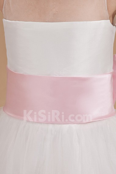 Organza and Satin Bateau Neckline Tea-Length A-line Dress with Bow