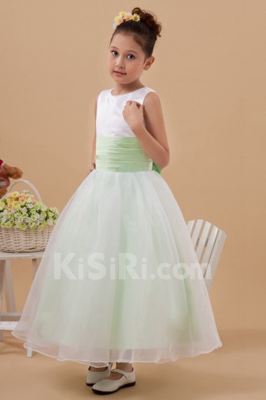 Taffeta and Organza Jewel Neckline Ankle-Length Ball Gown Dress with Bow