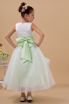 Taffeta and Organza Jewel Neckline Ankle-Length Ball Gown Dress with Bow