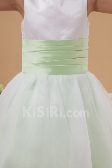 Taffeta and Organza Jewel Neckline Ankle-Length Ball Gown Dress with Bow