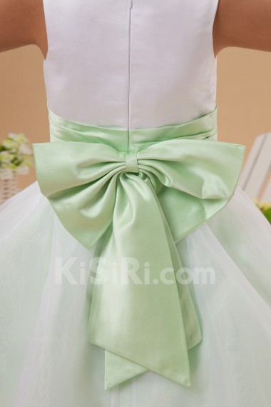 Taffeta and Organza Jewel Neckline Ankle-Length Ball Gown Dress with Bow