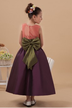 Taffeta Jewel Neckline Ankle-Length Ball Gown Dress with Bow