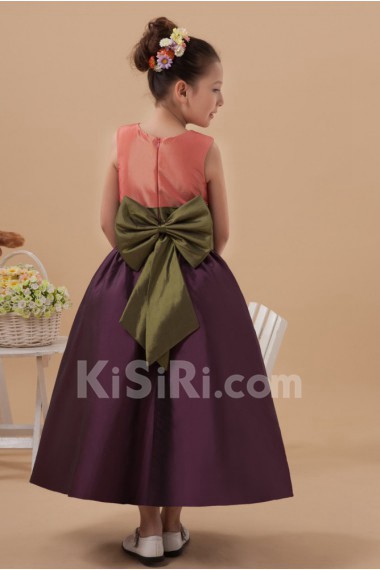 Taffeta Jewel Neckline Ankle-Length Ball Gown Dress with Bow