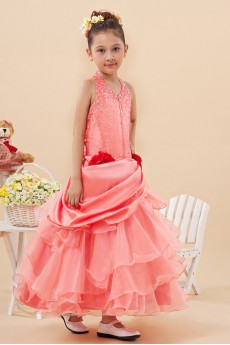 Taffeta and Yarn Halter Neckline Ankle-Length A-line Dresss