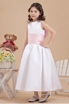 Satin Jewel Neckline Ankle-Length Ball Gown Dress with Bow