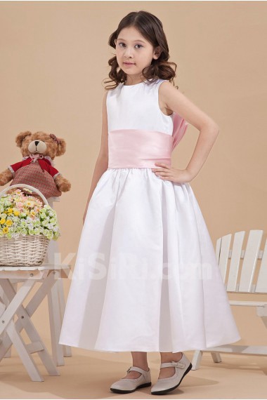 Satin Jewel Neckline Ankle-Length Ball Gown Dress with Bow